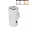 A white rechargeable motion sensor RGB LED night light with a translucent diffuser.