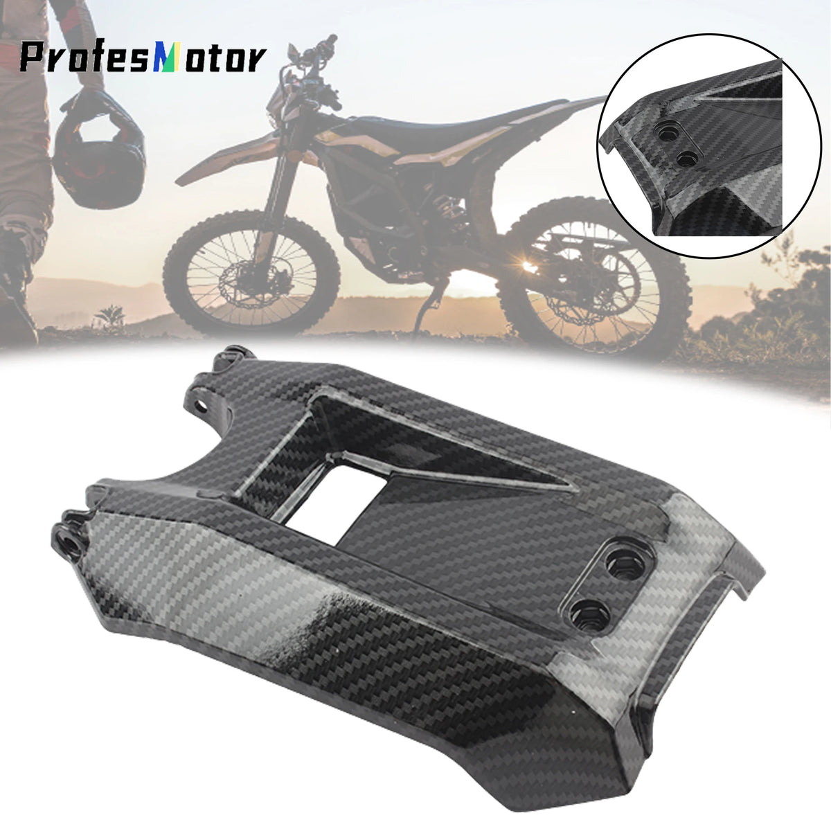 Carbon fiber battery compartment cover for a dirt bike, shown in a close-up view.