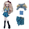 A fashion doll outfit featuring a blue plaid skirt, matching top, and accessories for a 11-inch doll.