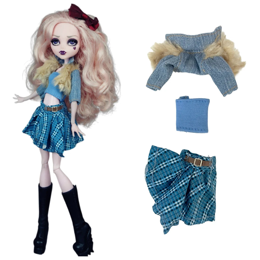 A fashion doll outfit featuring a blue plaid skirt, matching top, and accessories for a 11-inch doll.