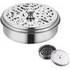Stainless steel mosquito coil holder with a decorative perforated lid and a separate coil holder.