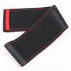 Black and red Napa leather steering wheel cover shown from the side.