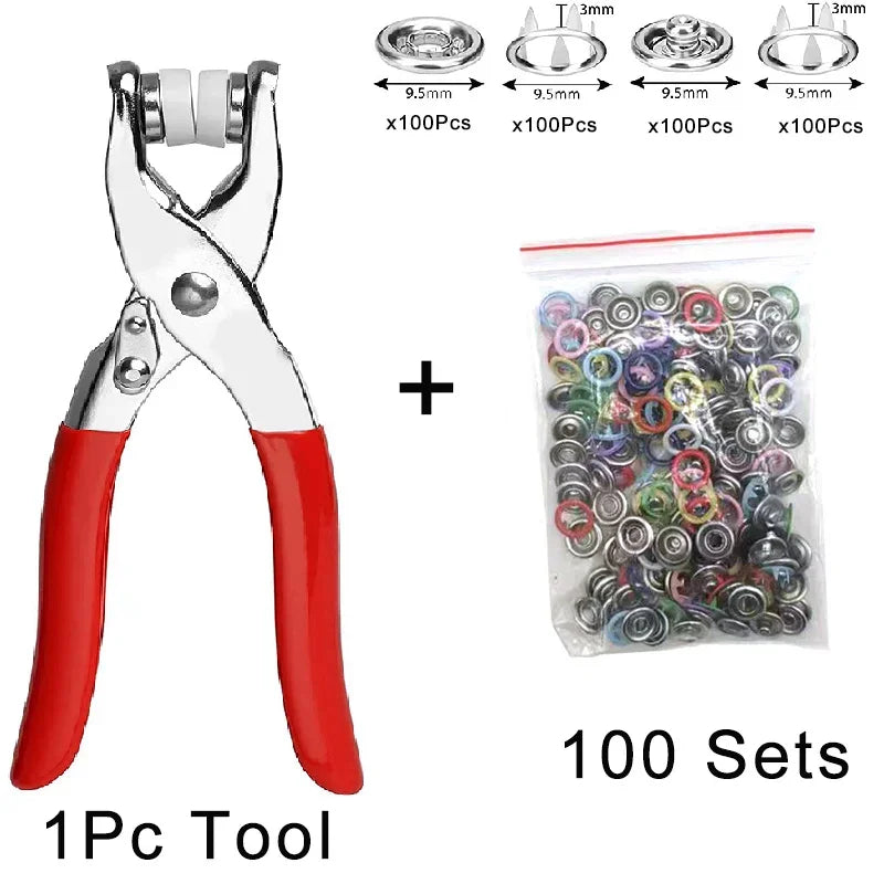 A pair of silver pliers and a bag containing metal snap buttons for DIY sewing projects.