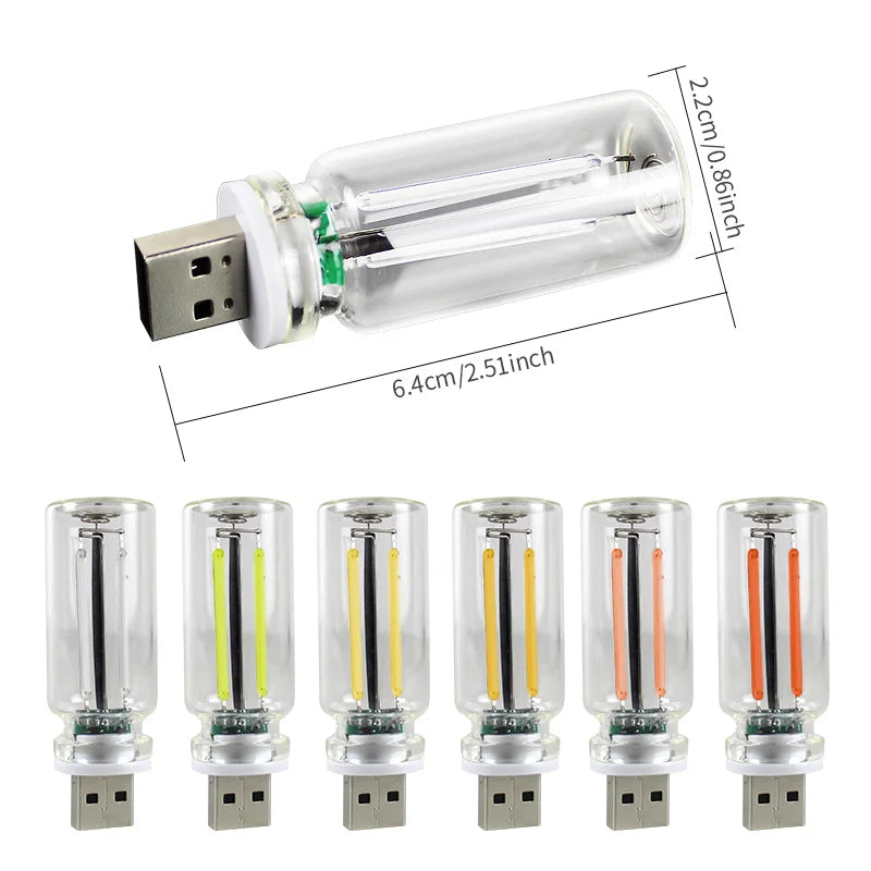 A set of USB touch dimmable LED night lights with glass accents and various colored light bulbs.