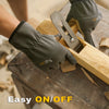 A hand wearing a gray breathable work glove is shown gripping a wooden tool with a metal clamp.