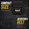 Black heavy duty multi-pocket tool pouch with an adjustable belt shown in various views.