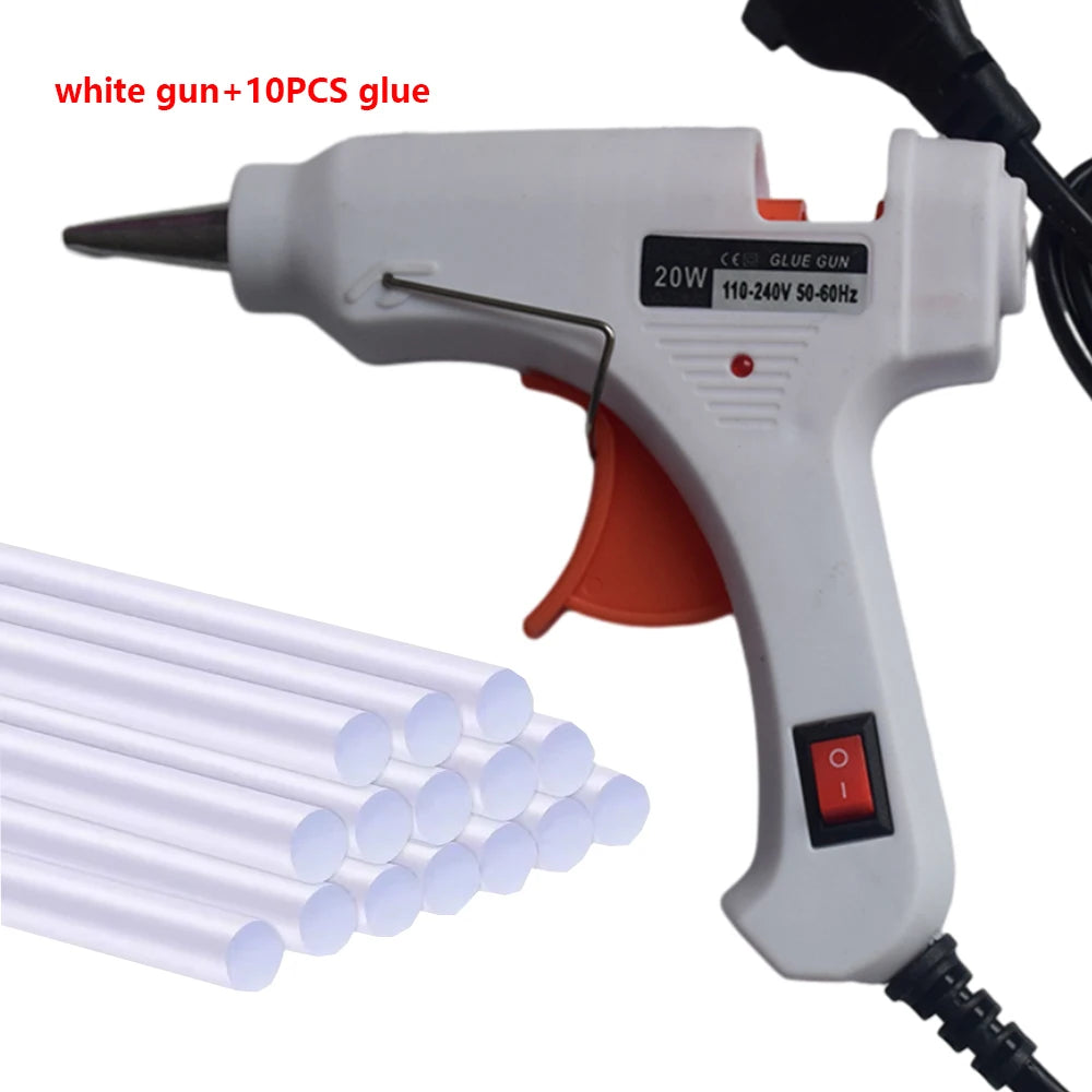 A white hot melt glue gun is shown with a stand and glue sticks, ready for use.