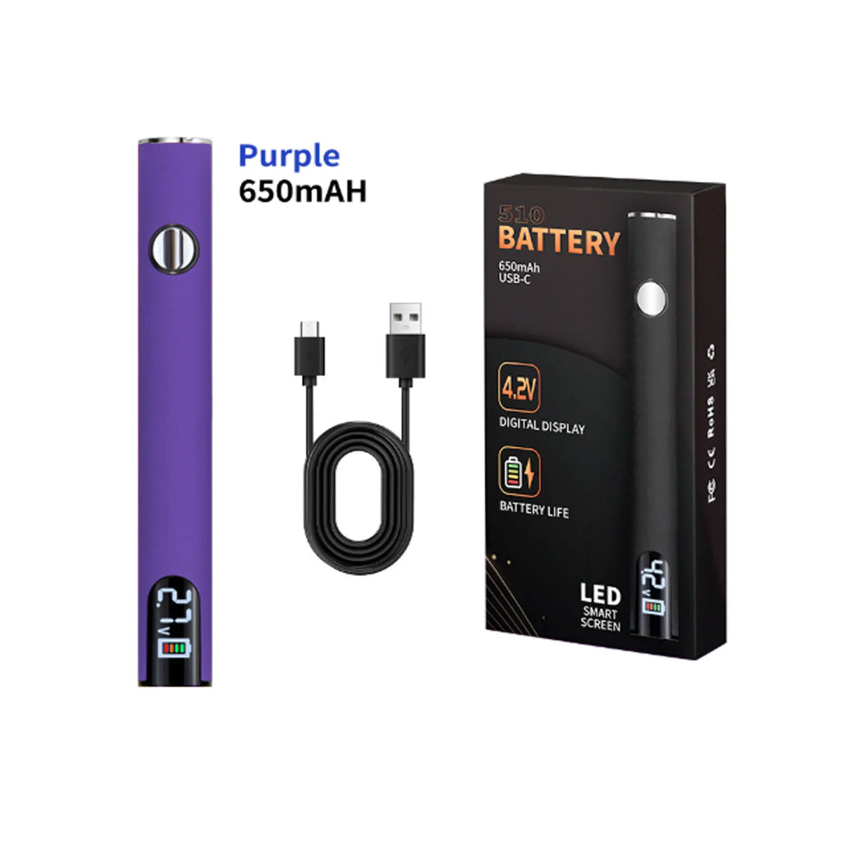 Purple 650mAh battery and a black battery pack for a cordless USB-C soldering iron.