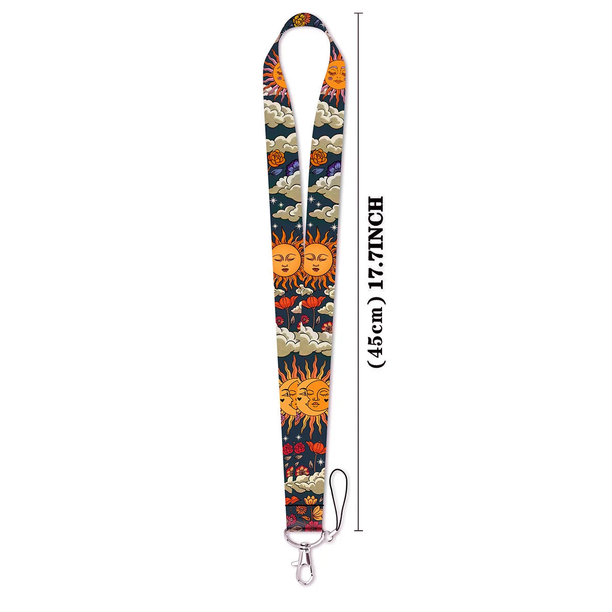 A vertical lanyard featuring a repeating pattern of celestial sun and moon designs in orange, yellow, and dark blue on a patt