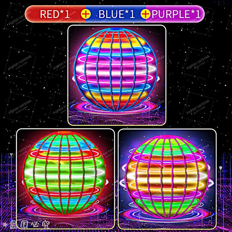 A colorful, spherical LED flying ball displaying red, blue, and purple light patterns.