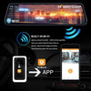 A 10-inch 4K dual-lens smart rearview mirror dash cam with WiFi and GPS is shown mounted in a car interior.