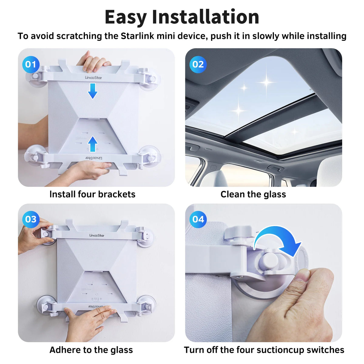 Instructions showing how to easily install four brackets onto a glass surface for the Starlink mini device.