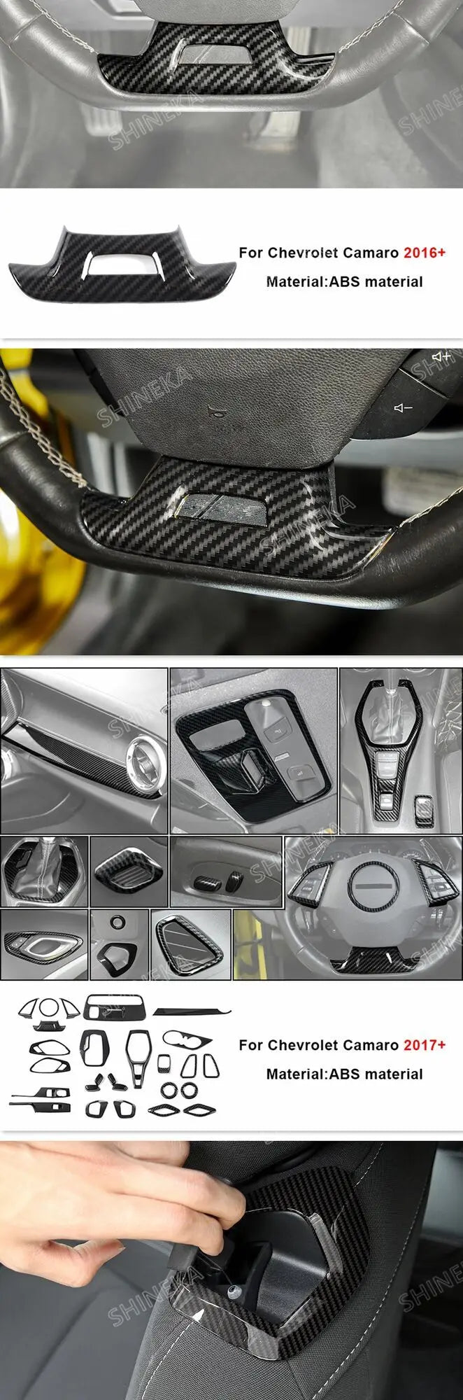 Carbon fiber interior trim kit for Chevrolet Camaro 2017+ showing various parts and installation examples.