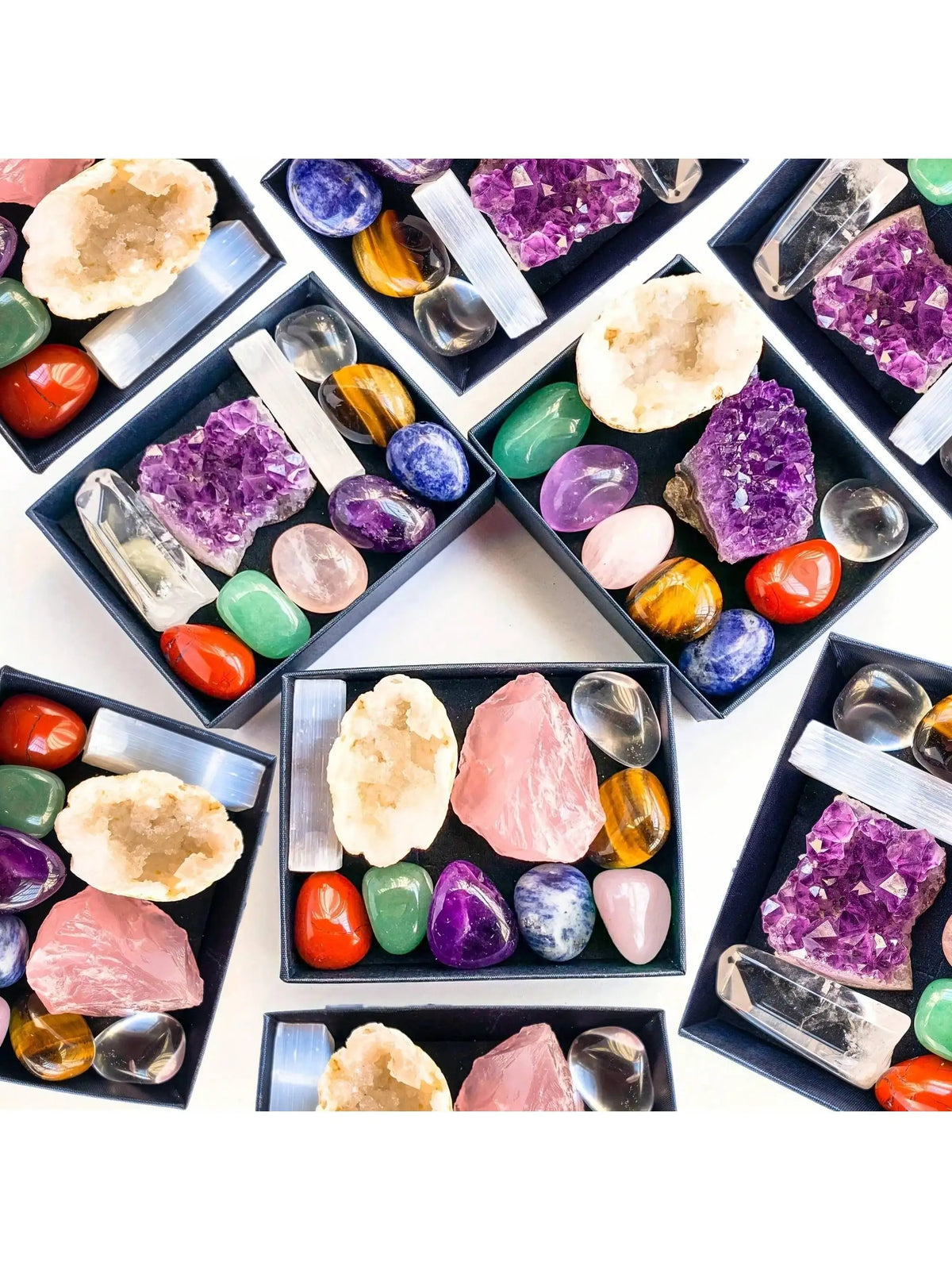 Natural Crystal Chakra Set with Amethyst, Agate, and Selenite