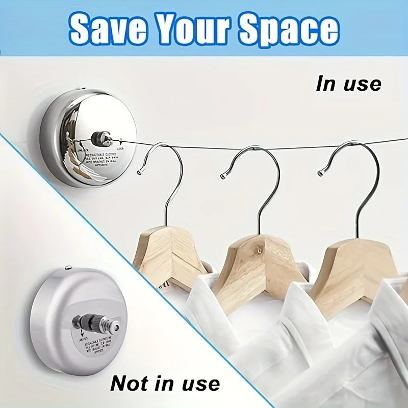 A retractable stainless steel wall-mounted clothesline shown in use and not in use.