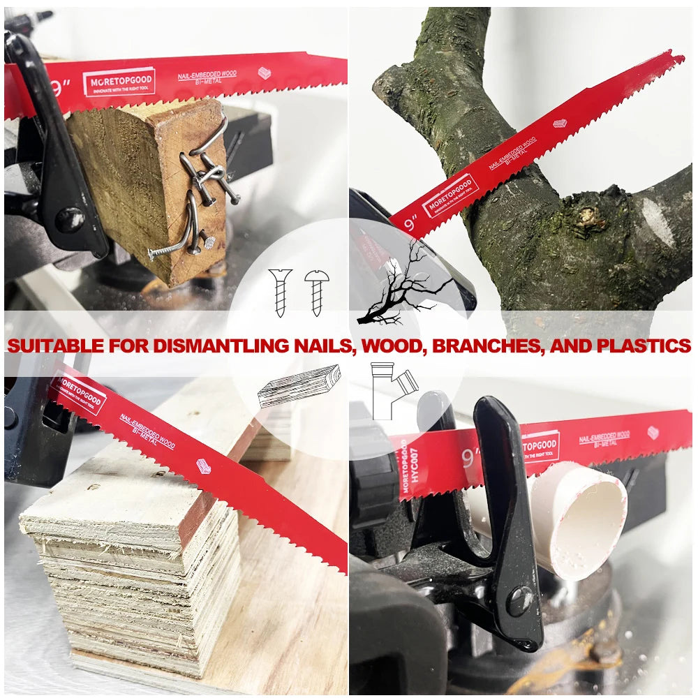 A set of bi-metal reciprocating saw blades used for dismantling nails in wood, branches, and plastics.
