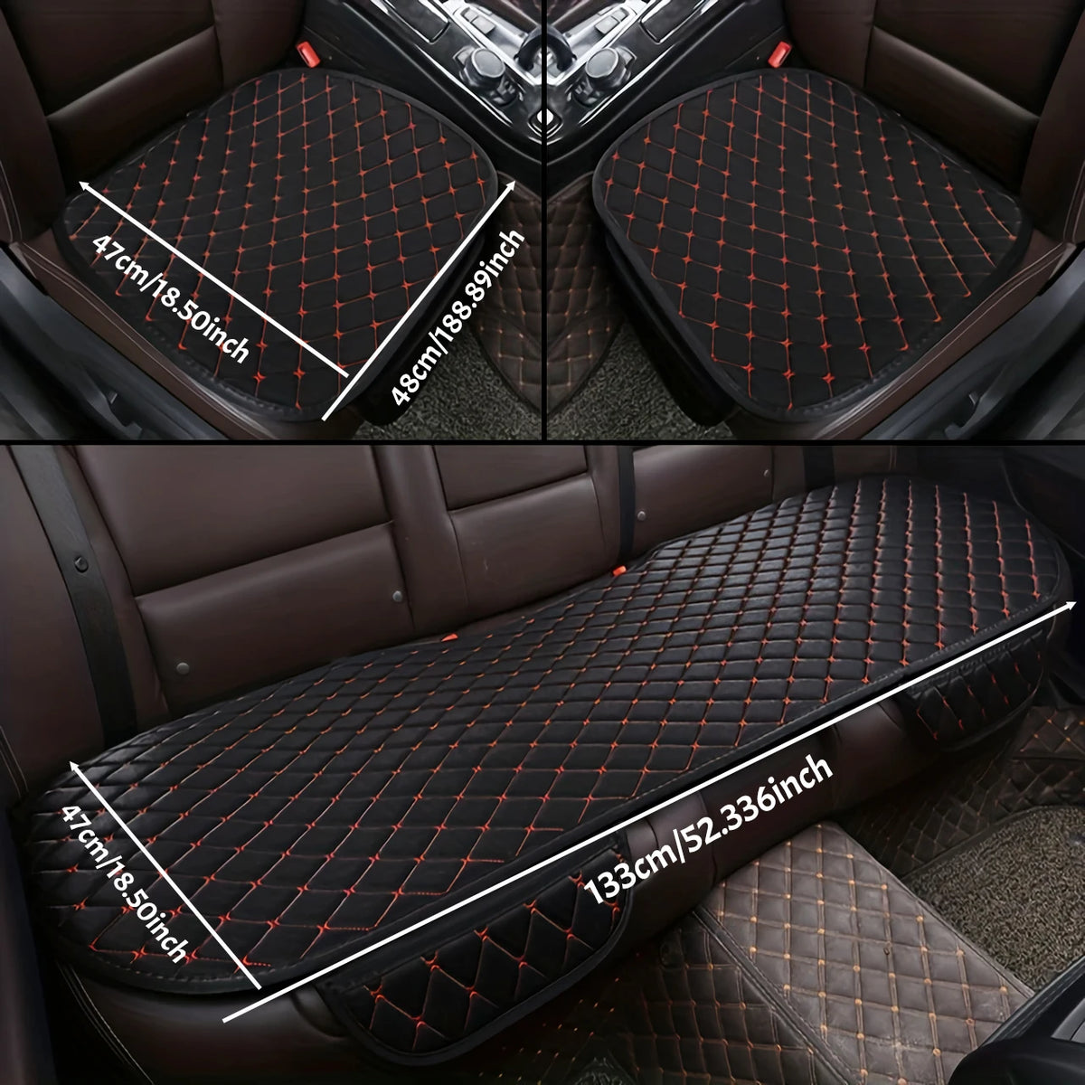 A set of three black quilted car seat covers for all-season protection shown in a vehicle interior.