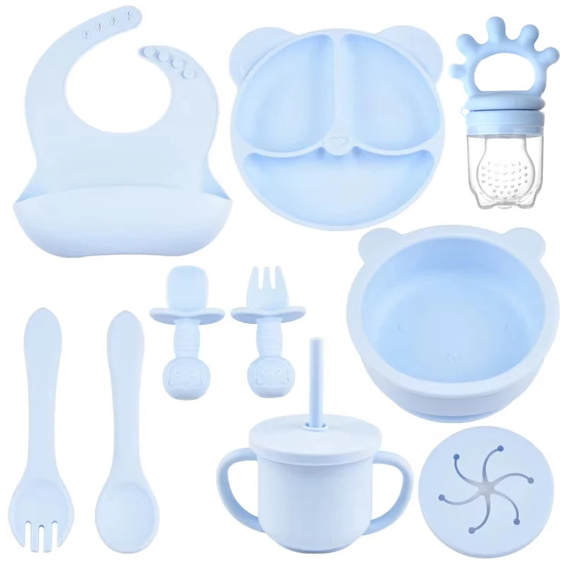 Complete Silicone Baby Feeding Set with Suction Bowl, Plate, Utensils & Bib