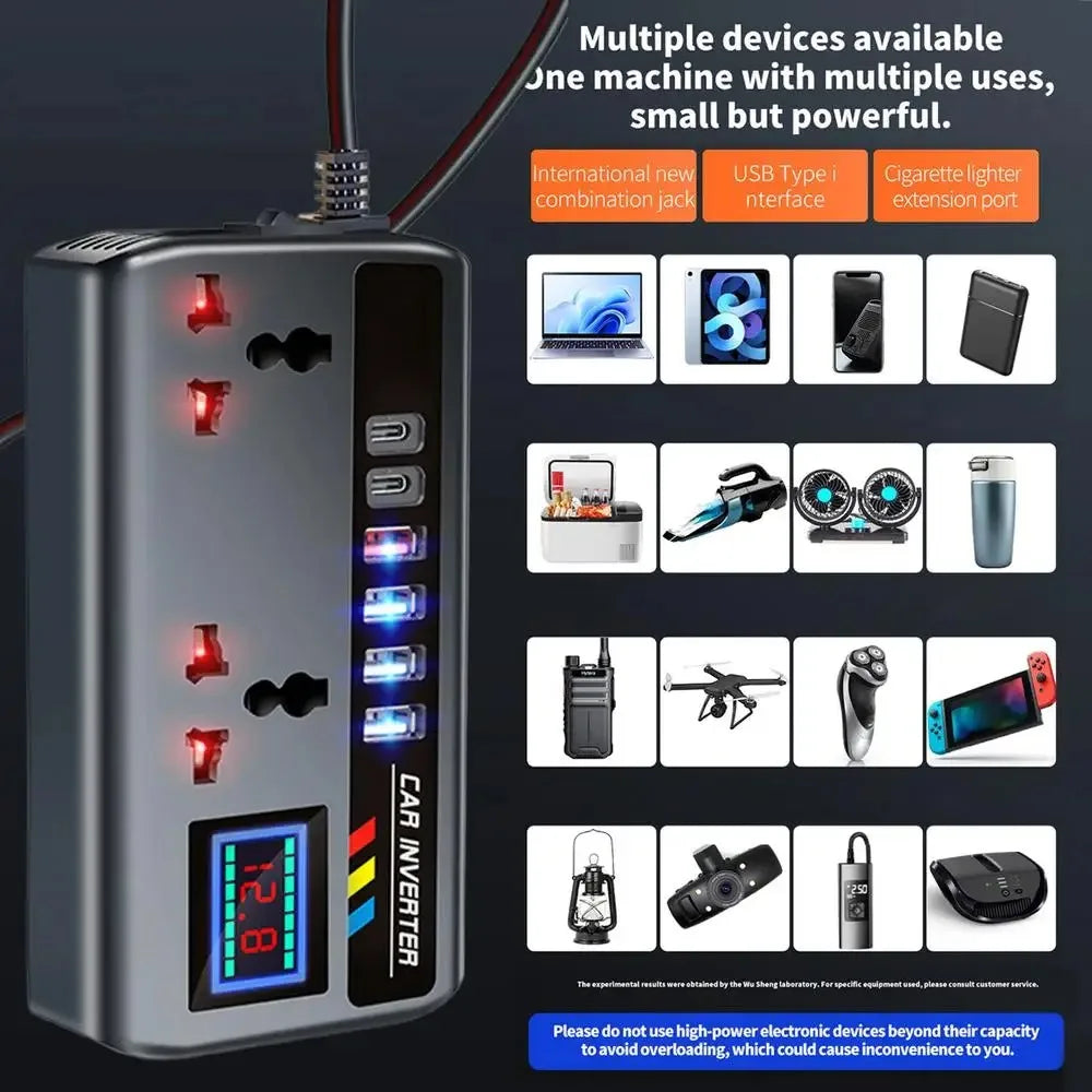 A silver portable car inverter device with multiple outlets and USB ports is shown on a black background.
