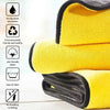 A stack of yellow and black microfiber cleaning towels with icons highlighting strong water absorption, eco-friendliness, ski