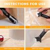 Instructions for using a 9-piece caulk tool kit including silicone scraper and finisher set to apply caulking glue.