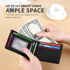 A hand opens a black slim leather bifold wallet to show cash and cards.