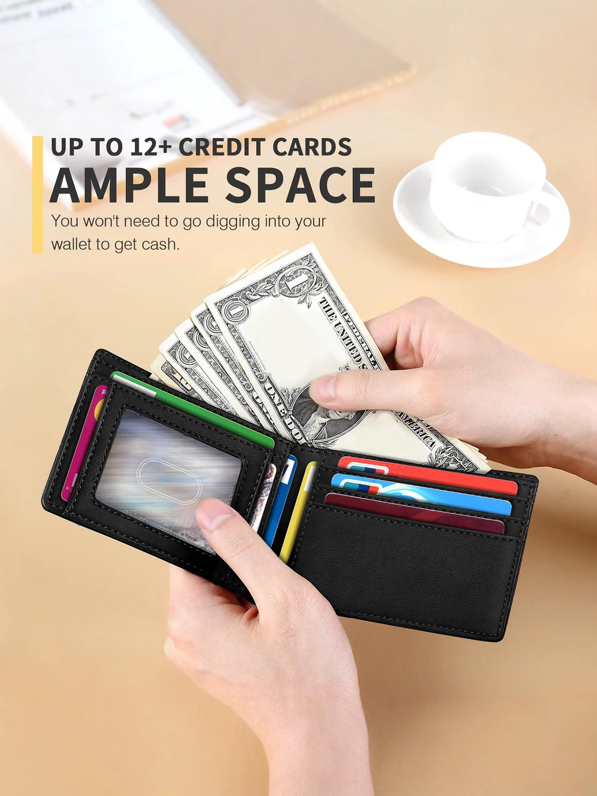 A hand opens a black slim leather bifold wallet to show cash and cards.