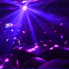 Interior view of a car with purple light beams shining from a disco ball party light