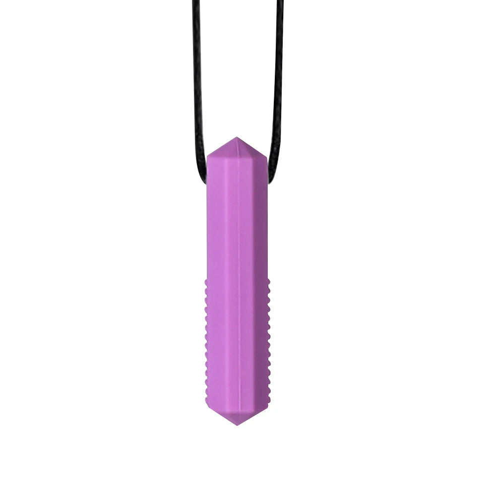 A purple silicone sensory chew necklace pendant with a black cord.
