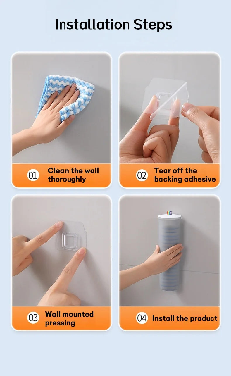Four steps showing how to install a disposable toilet brush kit with a wall-mounted holder