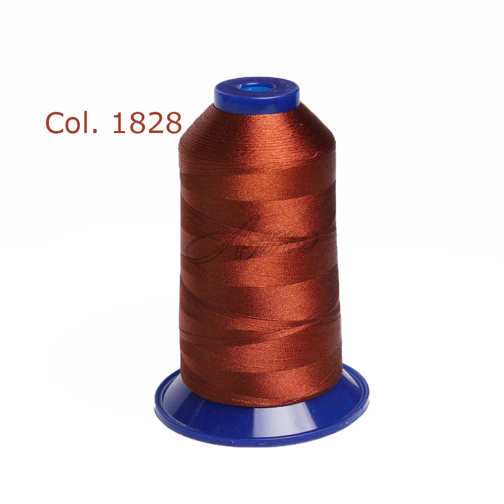 A spool of Col. 1828 embroidery thread in a reddish-brown color with a blue cap.