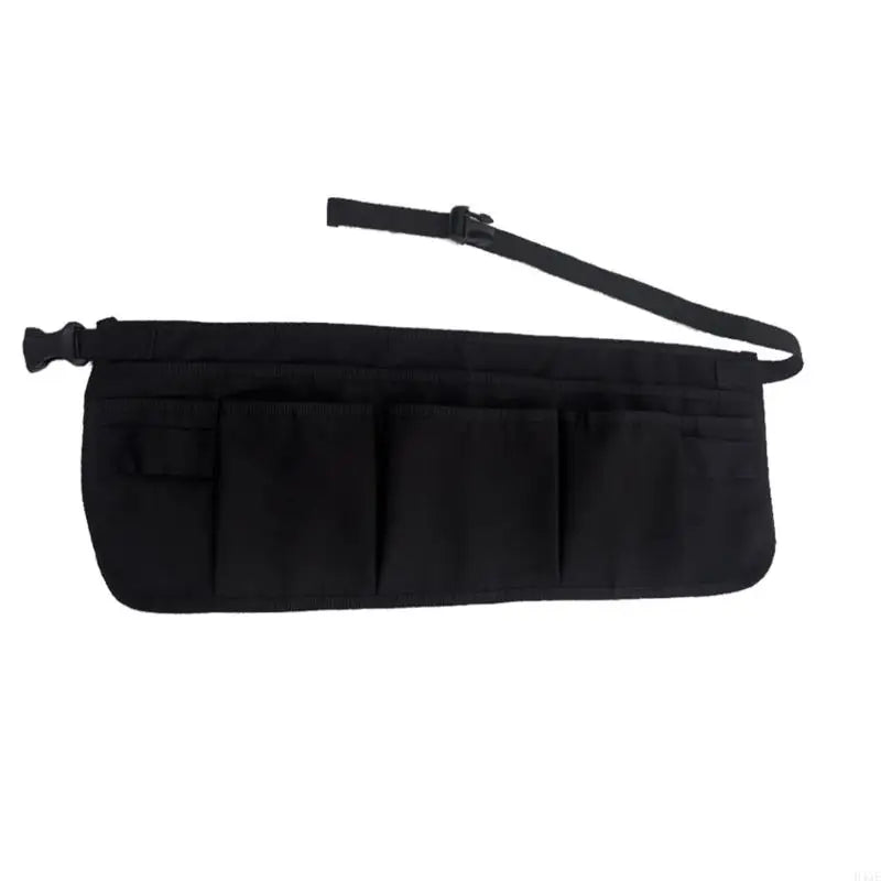 Black heavy-duty tool apron with a shoulder strap and twelve pockets for gardening and work.