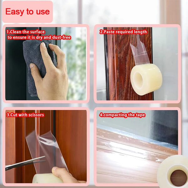 Instrucciones para usar cinta de sellado de ventanas, mostrando cómo limpiar, pegar, cortar y compactar la cinta.