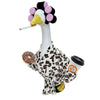 A white goose costume with black and pink fluffy ears and a yellow beak, holding a straw.
