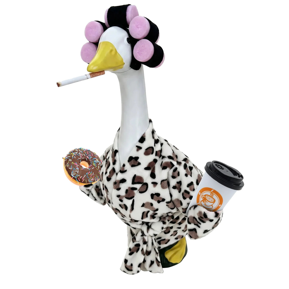A white goose costume with black and pink fluffy ears and a yellow beak, holding a straw.