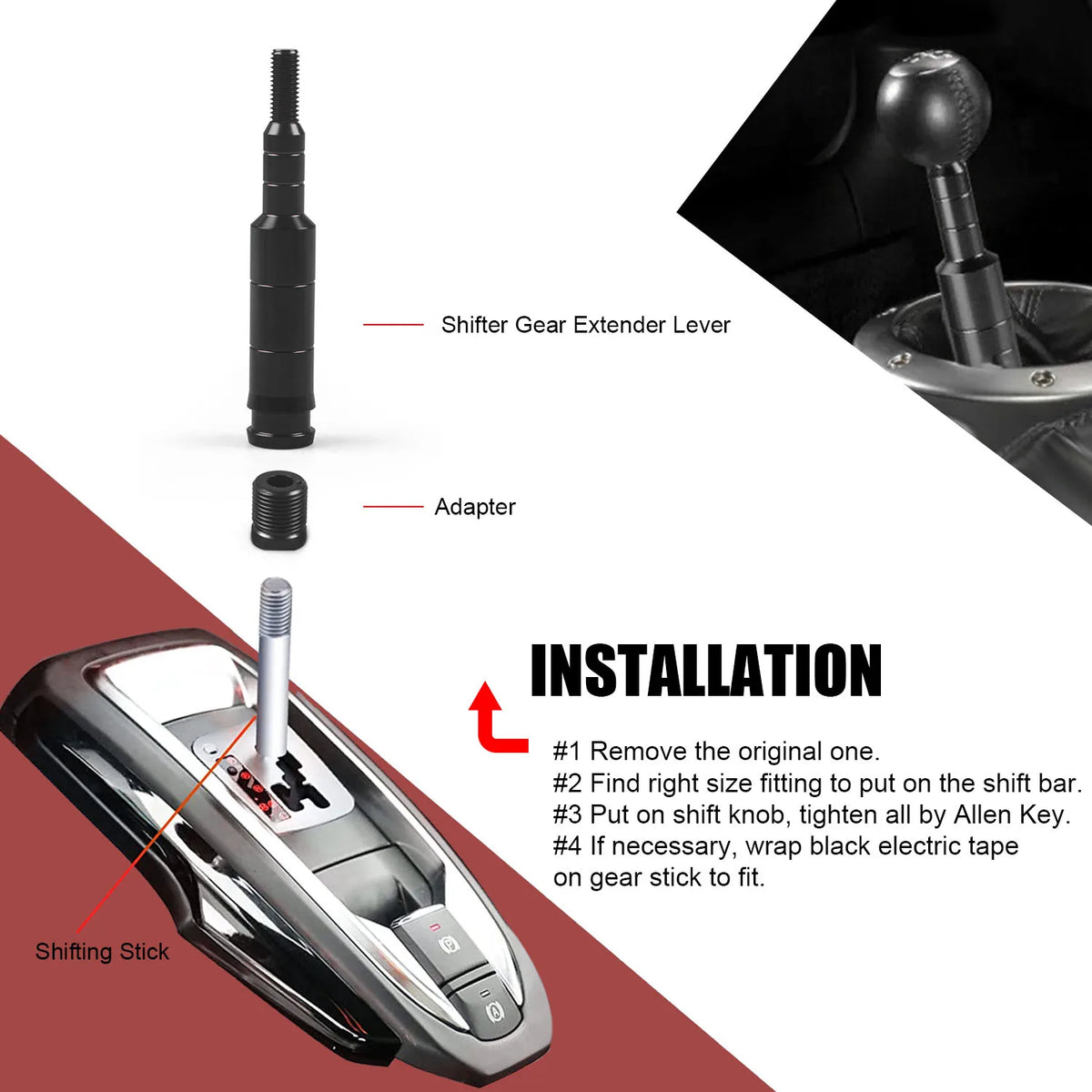 Installation guide showing a shifter gear extender lever and adapter for an aluminum shift knob.