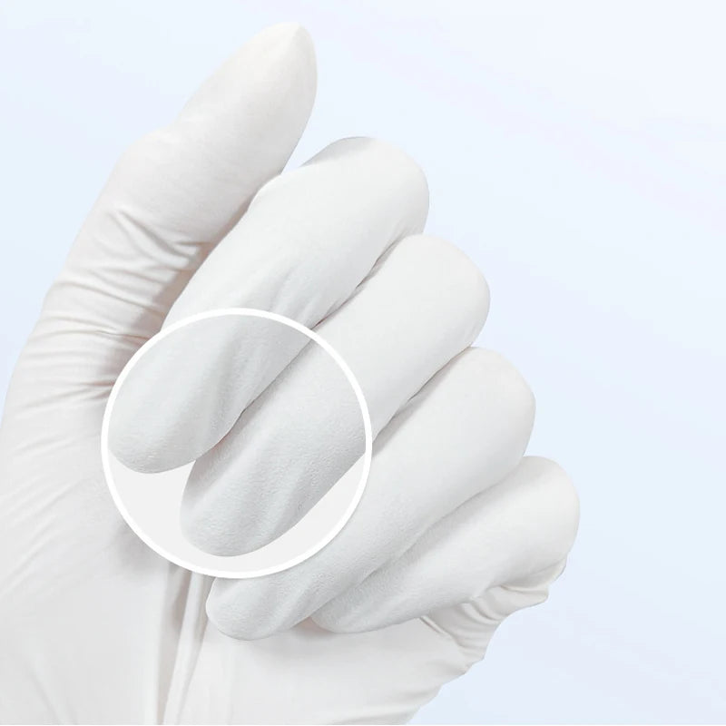 A hand wearing a white disposable nitrile glove holds a clear circular area showing the texture of the glove.