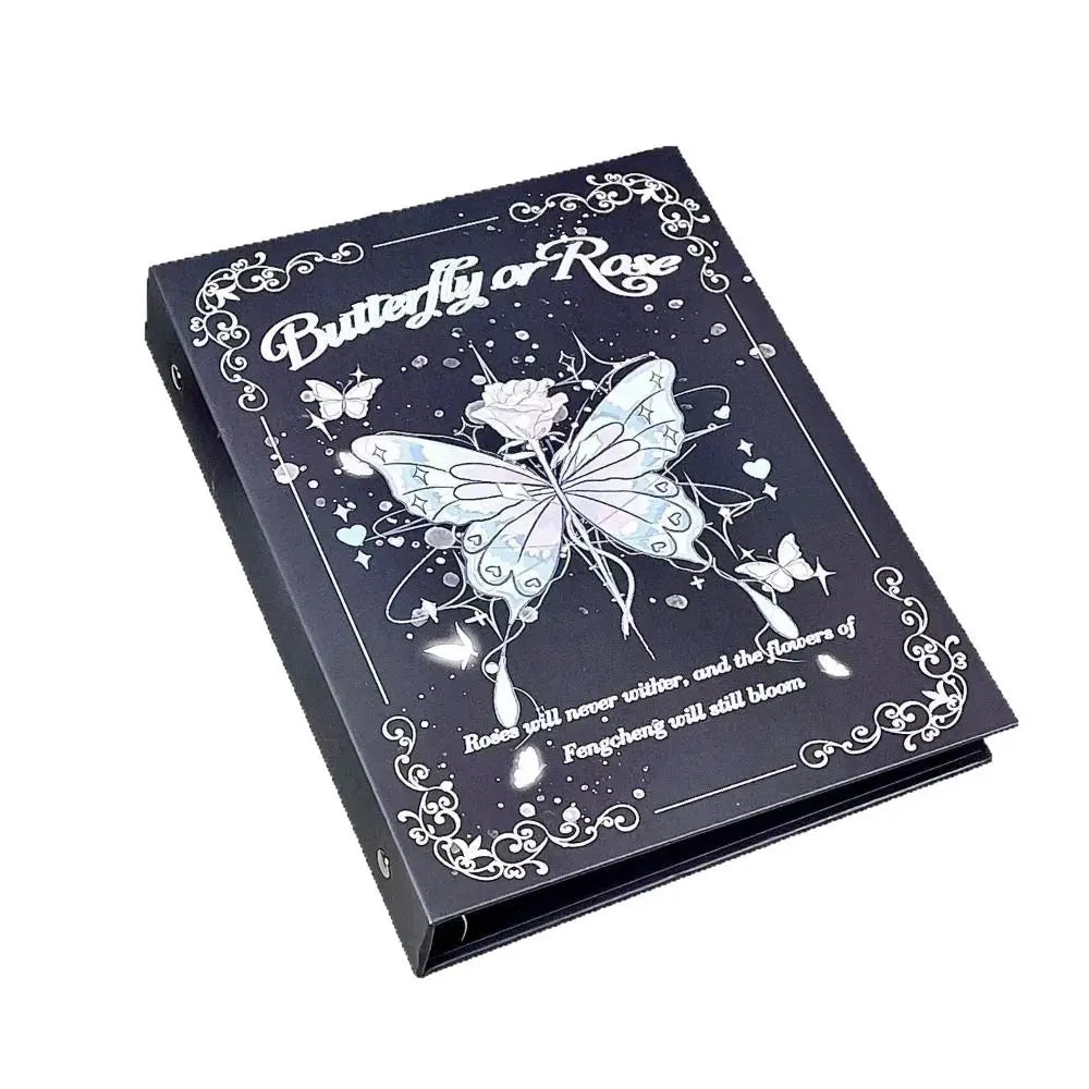 A black photo album cover featuring a butterfly design and text that reads Butterfly or Rose.