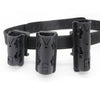 Black tactical duty belt holder with three cylindrical holders for securing gear.