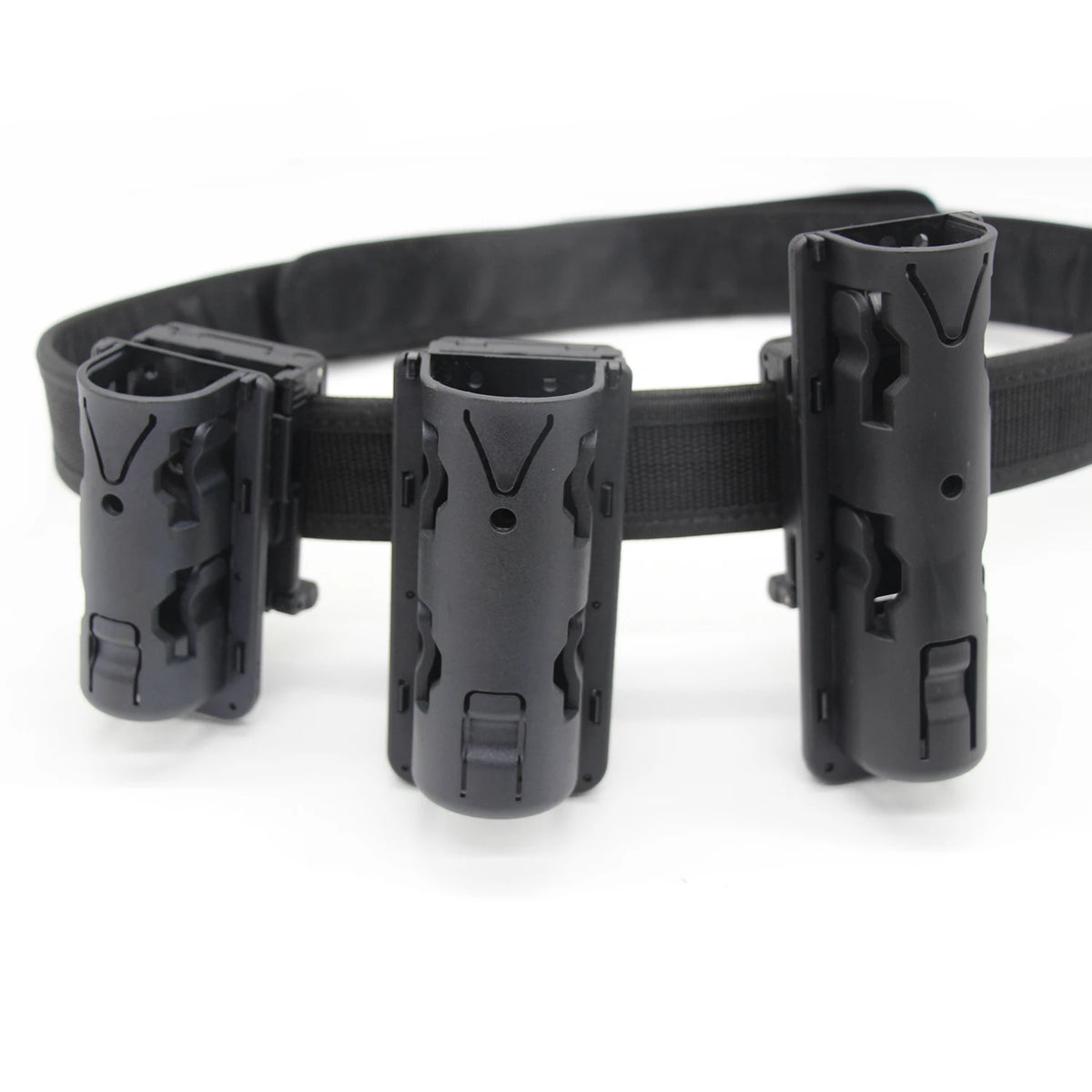 Black tactical duty belt holder with three cylindrical holders for securing gear.