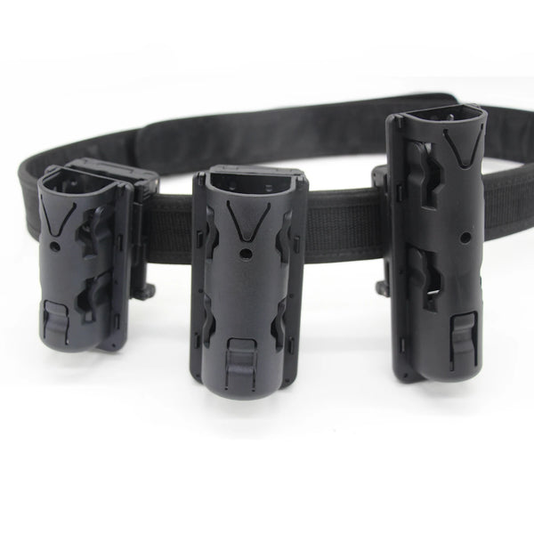 Black tactical duty belt holder with three cylindrical holders for securing gear.