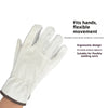 A close-up view of a light gray leather work glove being worn on a hand.
