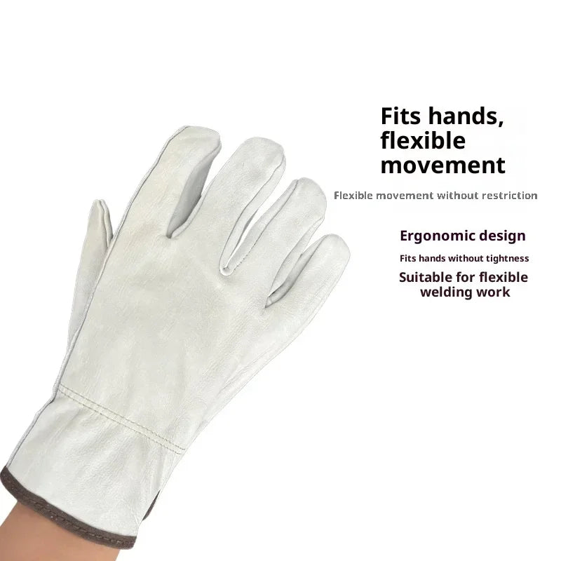 A close-up view of a light gray leather work glove being worn on a hand.