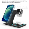 A black wireless charging station supporting automatic recognition of metal foreign bodies for an iPhone, Apple Watch, and Ai