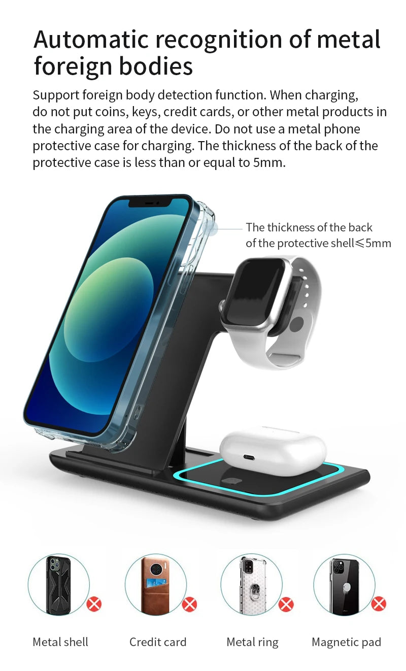 A black wireless charging station supporting automatic recognition of metal foreign bodies for an iPhone, Apple Watch, and Ai