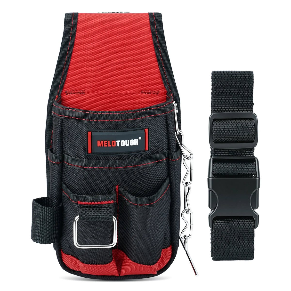 A black and red tool pouch with a belt clip and adjustable strap for professionals.