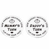 A pair of silver double-sided decision coins for new parents, labeled Mummy's Turn and Daddy's Turn.