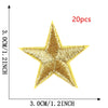 A gold star embroidery patch is shown, measuring 3.0cm by 1.2inch, with a quantity of 20 pieces.