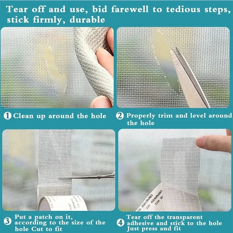 Instructions for using self-adhesive fiberglass screen repair tape to fix holes in screens.