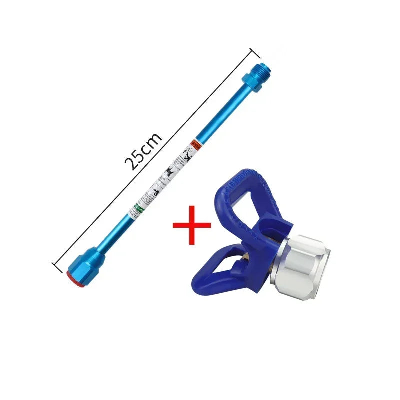 Blue airless paint sprayer extension rod with a connector and measurement line